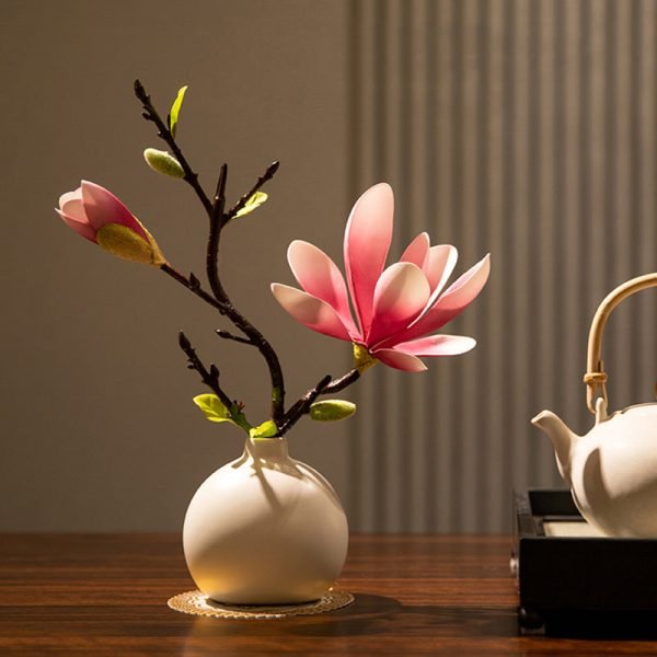 Goodsright Decor 1pc, Artificial Chinese Water Lily & Magnolia Flowers With Ceramic Vase Set, Tabletop Decor, Living Room & Dining Table Decorative Bonsai Display Accessories