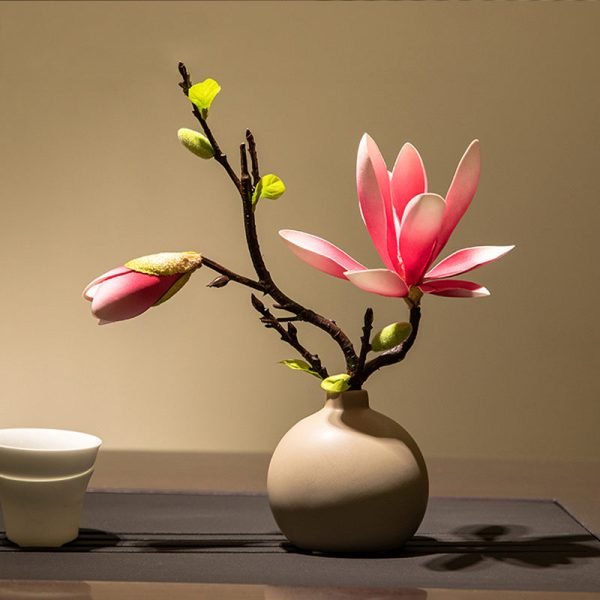 Goodsright Decor 1pc, Artificial Chinese Water Lily & Magnolia Flowers With Ceramic Vase Set, Tabletop Decor, Living Room & Dining Table Decorative Bonsai Display Accessories