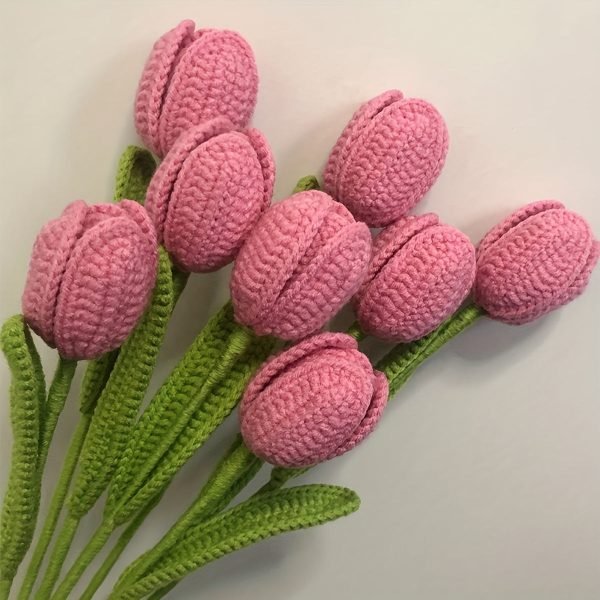 Goodsright Decor 6pcs Contemporary Style Crocheted Tulips - Handmade Artificial Flower Bouquet with Stems and Leaves, Decorative Faux Floral Arrangement for Home and Table Decor