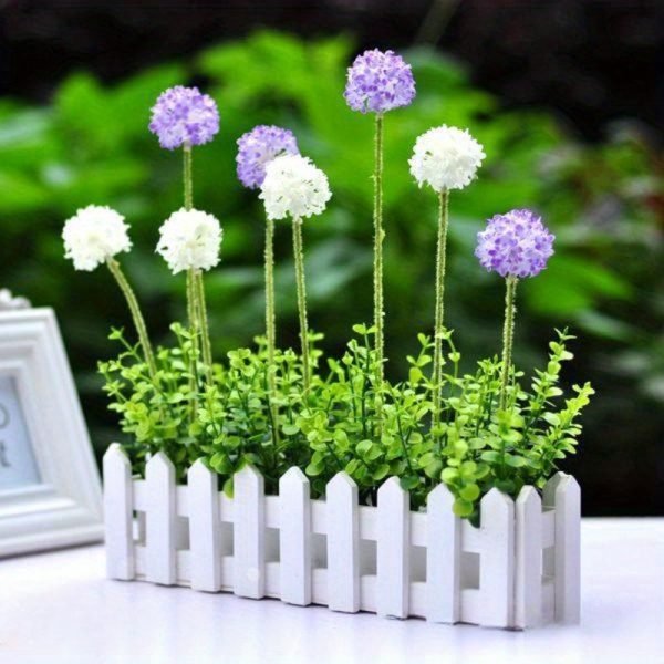 Goodsright Decor Glam Style Decorative Artificial Flower Swags with Realistic Faux Lavender and Hydrangea Set in Wooden Fence Pot for Balcony, Living Room Window Display