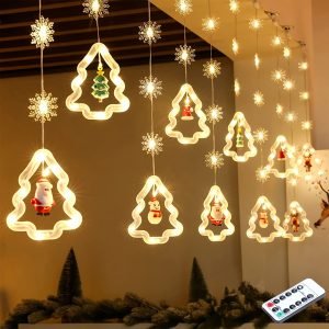 Goodsright Decor 1 Set, Christmas LED Fairy Lights, 120LED 9.8FT, Holiday Light, Curtain Light, Hanging String Lighting With Snowflake, Tree Shaped Ring Decorations, Christmas Window Curtain Lights Ornament, Indoor Hanging Lights With Remote Control