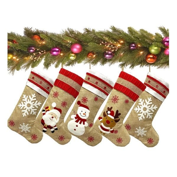 Goodsright Decor 5pcs Christmas Socks, Family Parties, Large Burlap Cartoon Christmas Socks, Home Decoration, Rural Farmhouse Stockings, Set Of Christmas Decorations, Scene Decor, Room Decor, Home Decor, Holiday Party Decor, Christmas Decor