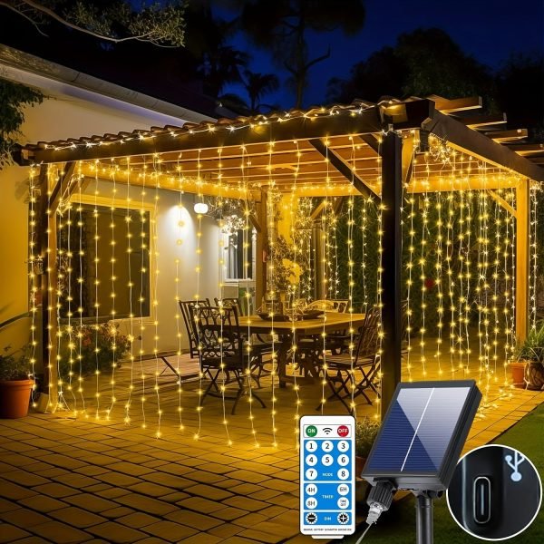 Goodsright Decor Solar Curtain Lights, 300 LED Outdoor Waterproof Solar Powered Waterfall String Lights for Patio Gazebo Backdrop Garden with USB Rechargeable Remote Hanging Twinkle Curtain Fairy Lights