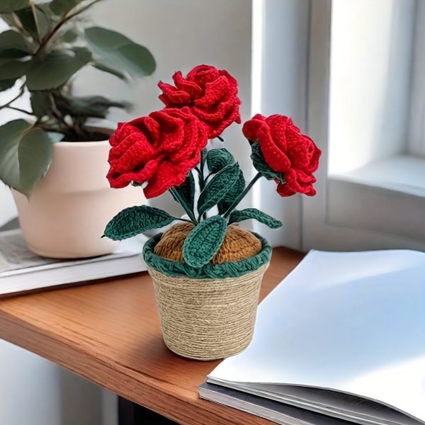 5014ac7c-105c-438a-bf6a-2f3a0b70e5e7 Goodsright Decor 1pc, Artificial Crochet Roses In Pot, Handmade Fabric Yarn Flowers, Decorative Tabletop Plant, Home Decor Faux Floral, 4.17inch Height - Rustic Charm