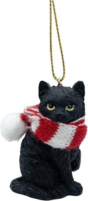 516ulMkOp2L._AC_SL1500 Goodsright Decor Black Longhair Tabby Kitty Cat Christmas Tree Ornament with Candy Cane Scarf