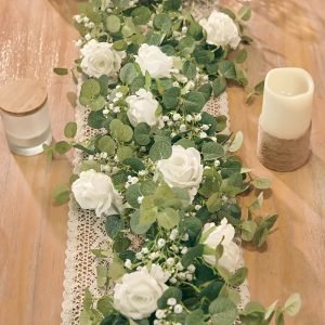 Goodsright Decor 1pc 83in Eucalyptus & Rose Garland with 10 Lush Blooms - Realistic Faux Gypsophila Greenery - Elegant Table Runner & Home Wedding Party D??cor