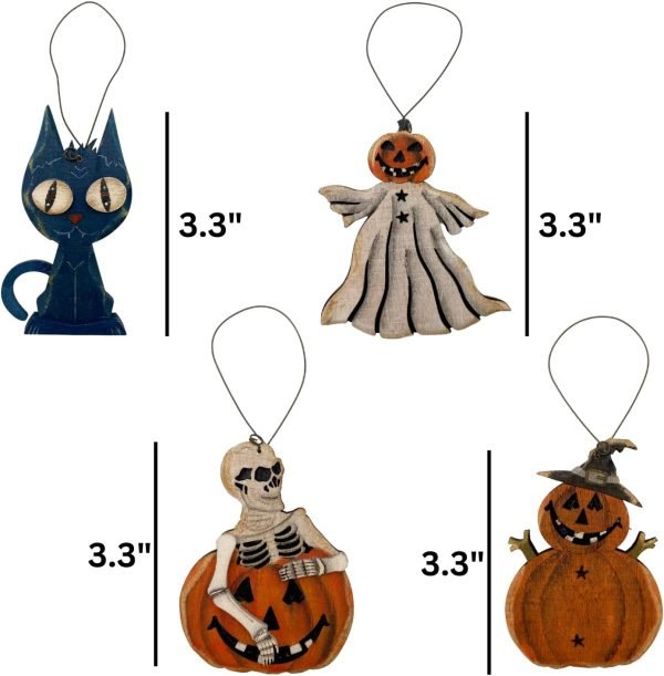 Goodsright Decor Halloween Tree Ornament Assortment, Spooky Cat, Pumpkin Ghost, Skeleton, and Jack-O-Lantern, Small Seasonal Characters, Pack of 4, 3.3 Inches