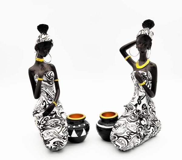 Goodsright Decor African Statues Art Sculptures Women Figure Girls Tribal Lady Figurine Black Women Home Decor Collectible Creative Vintage Gift Crafts (Black+White)