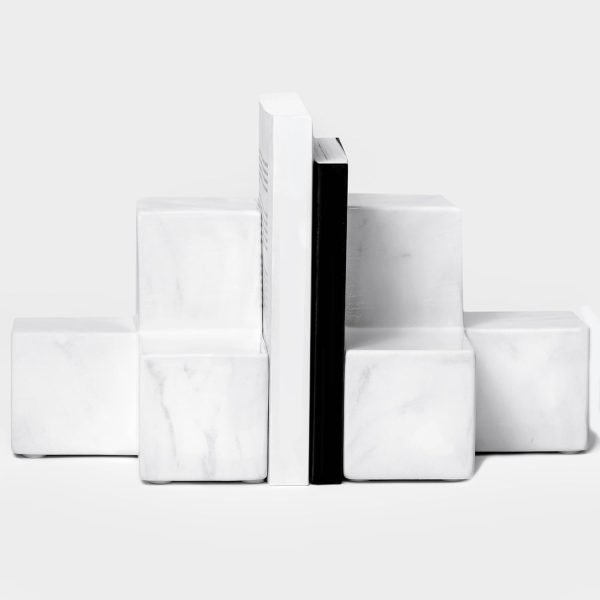 Goodsright Decor Marble Pattern Style White Ceramic Bookends, Decorative Ceramic Book Ends for Shelves, Marble Pattern Style Ceramic Bookshelf Decor, Decorative White Ceramic Book Stoppers, Block Bookends, Set of 2