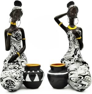 Goodsright Decor African Statues Art Sculptures Women Figure Girls Tribal Lady Figurine Black Women Home Decor Collectible Creative Vintage Gift Crafts (Black+White)