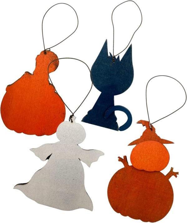 Goodsright Decor Halloween Tree Ornament Assortment, Spooky Cat, Pumpkin Ghost, Skeleton, and Jack-O-Lantern, Small Seasonal Characters, Pack of 4, 3.3 Inches