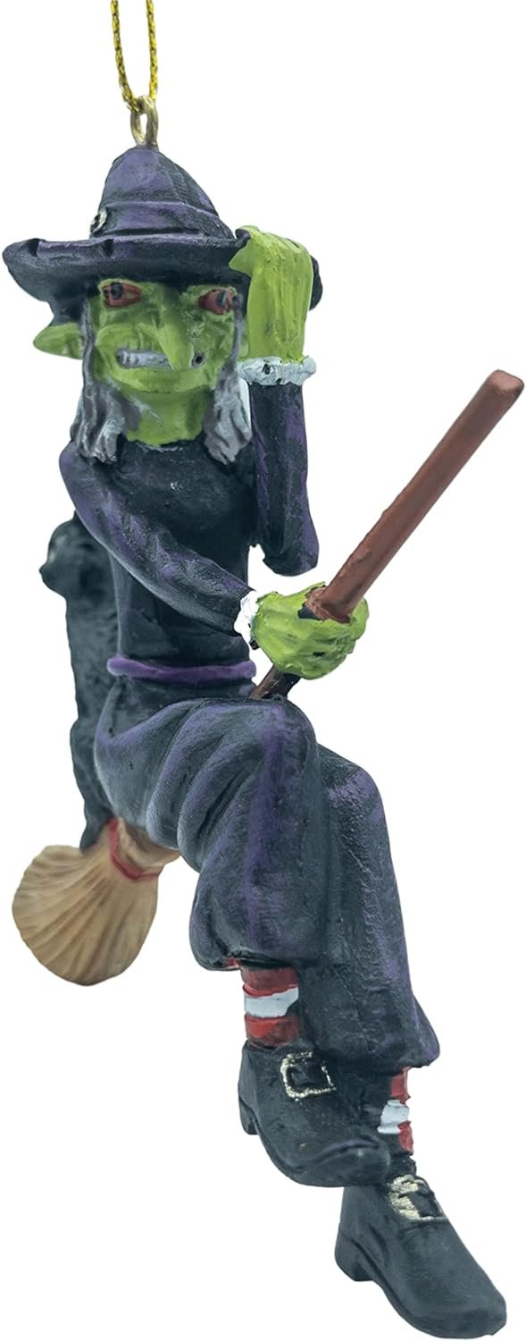 Goodsright Decor Ugly Scary Witch Flying On Broomstick with Black Cat Halloween Christmas Ornaments
