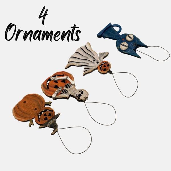 Goodsright Decor Halloween Tree Ornament Assortment, Spooky Cat, Pumpkin Ghost, Skeleton, and Jack-O-Lantern, Small Seasonal Characters, Pack of 4, 3.3 Inches