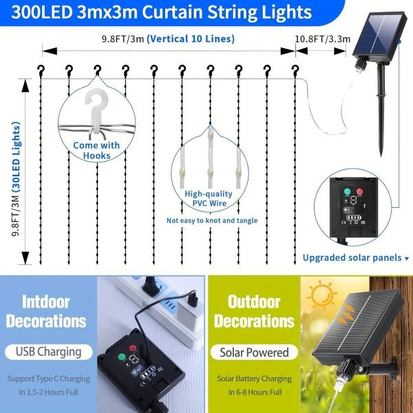 Goodsright Decor Solar Curtain Lights, 300 LED Outdoor Waterproof Solar Powered Waterfall String Lights for Patio Gazebo Backdrop Garden with USB Rechargeable Remote Hanging Twinkle Curtain Fairy Lights
