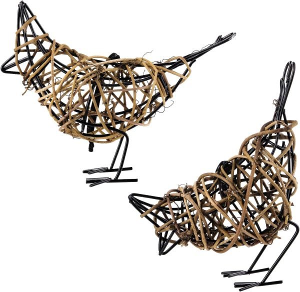 Goodsright Decor Set of 3 Handmade Bird Statue Home Decor,Metal Bird Figurine Rustic Table Decor, Hanging Metal Bird Decor Woven with Brown Natural Rattan for Home Decoration Memo Holder