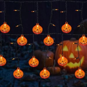 Goodsright Decor Halloween Pumpkin Lights, 7Ft Pumpkin String Lights with 10 Mini Jack-O-Pumpkins & 25 Mini Orange Halloween Theme Lights for Indoor/Outdoor, Wedding, Bedroom, Home, Window, Halloween Decorations