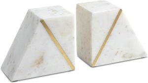 Goodsright Decor Marble Book Ends for Shelves, Decorative Bookends for Heavy Books, Unique Mid Century Modern White and Gold Bookends with Brass Inlay, Heavy Duty Bookshelf Stopper, Set of 2