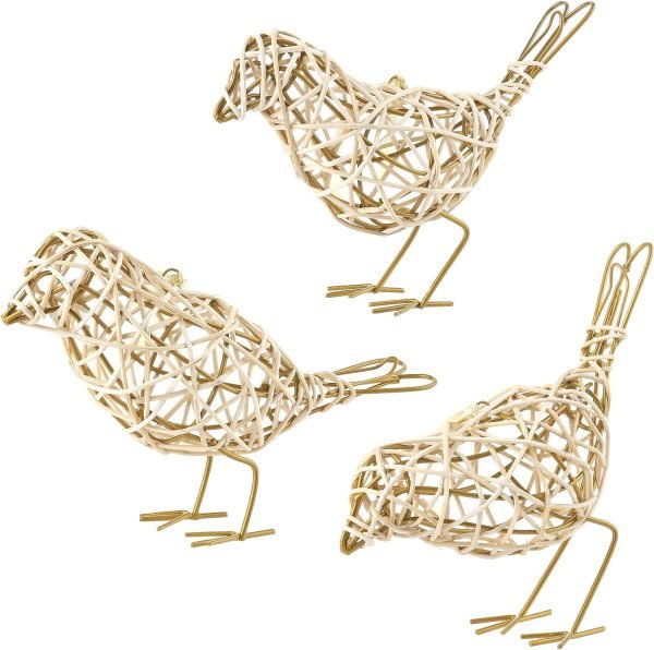 Goodsright Decor Set of 3 Handmade Bird Statue Home Decor,Metal Bird Figurine Rustic Table Decor, Hanging Metal Bird Decor Woven with Brown Natural Rattan for Home Decoration Memo Holder