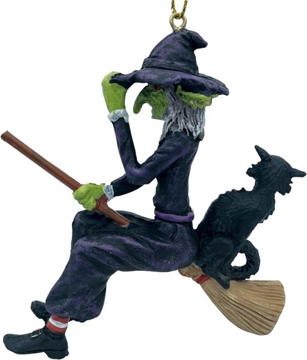 Goodsright Decor Ugly Scary Witch Flying On Broomstick with Black Cat Halloween Christmas Ornaments