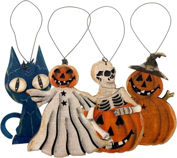 Goodsright Decor Halloween Tree Ornament Assortment, Spooky Cat, Pumpkin Ghost, Skeleton, and Jack-O-Lantern, Small Seasonal Characters, Pack of 4, 3.3 Inches