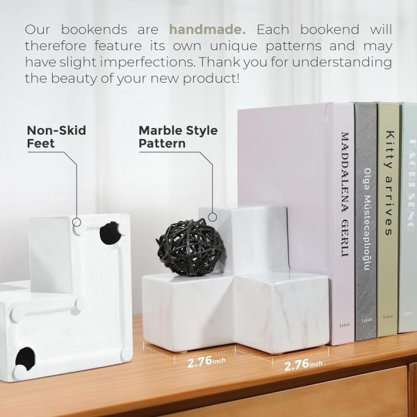 Goodsright Decor Marble Pattern Style White Ceramic Bookends, Decorative Ceramic Book Ends for Shelves, Marble Pattern Style Ceramic Bookshelf Decor, Decorative White Ceramic Book Stoppers, Block Bookends, Set of 2