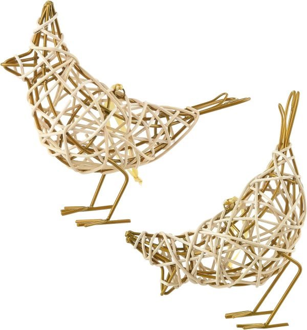 Goodsright Decor Set of 3 Handmade Bird Statue Home Decor,Metal Bird Figurine Rustic Table Decor, Hanging Metal Bird Decor Woven with Brown Natural Rattan for Home Decoration Memo Holder