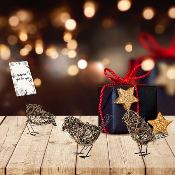 Goodsright Decor Set of 3 Handmade Bird Statue Home Decor,Metal Bird Figurine Rustic Table Decor, Hanging Metal Bird Decor Woven with Brown Natural Rattan for Home Decoration Memo Holder