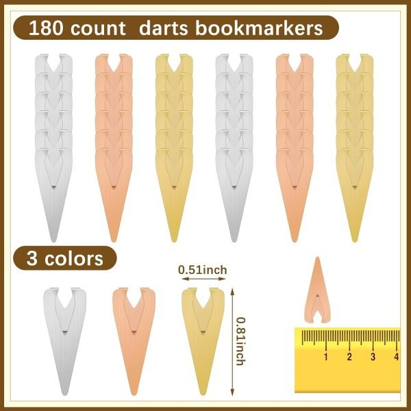 Goodsright Decor 180 Pieces Book Darts Tin Mixed Metals Bookmarkers Thin Line Bookmarks Silver Gold Orange Book Markers Brass Page Darts Mixed Book Markers for Women Men Teen Students Readers Book Lovers