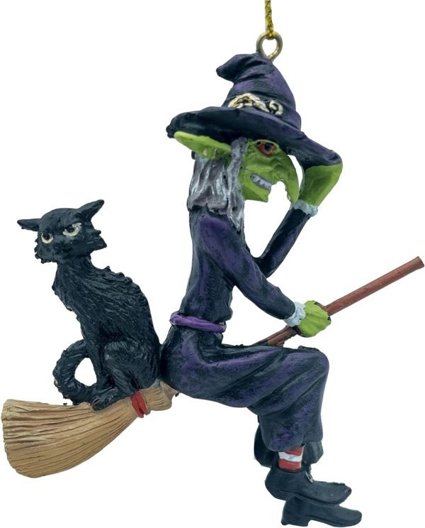 Goodsright Decor Ugly Scary Witch Flying On Broomstick with Black Cat Halloween Christmas Ornaments