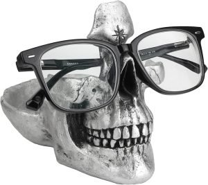 71fxmIFgg3L._AC_SL1500 Goodsright Decor Skull Glasses Stand Holder, Creative Eyeglasses Holder, Sunglasses Spectacle Display Rack, Key Holder Resin Sculptures for Entryway, Home, Office, Desk, Nightstand (Silver)