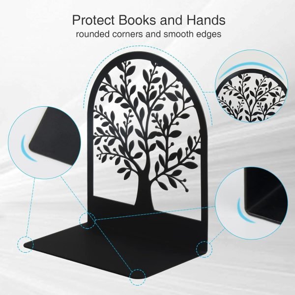 Goodsright Decor Metal Bookend, Tree of Life bookend for Shelves, Home Decorative Bookends for Heavy Books, Black Non-Skid Book Stopper, 7 x 5.5 x 3.5 inch (1 Pair)