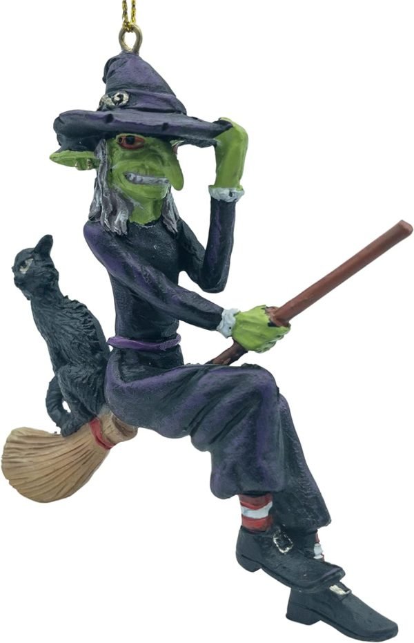 Goodsright Decor Ugly Scary Witch Flying On Broomstick with Black Cat Halloween Christmas Ornaments