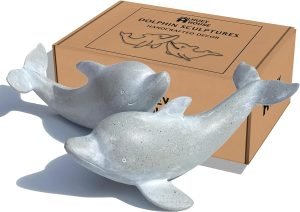 Goodsright Decor Coastal Dolphin Sculptures - Handcrafted Resin Figurine Statues for Bookshelf, Small Decorative Gray Dolphins, Boxed Set of 2 (7.5L & 6.5L inches)