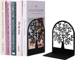 Goodsright Decor Metal Bookend, Tree of Life bookend for Shelves, Home Decorative Bookends for Heavy Books, Black Non-Skid Book Stopper, 7 x 5.5 x 3.5 inch (1 Pair)