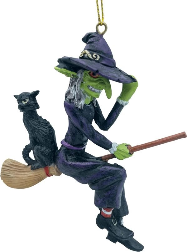 Goodsright Decor Ugly Scary Witch Flying On Broomstick with Black Cat Halloween Christmas Ornaments