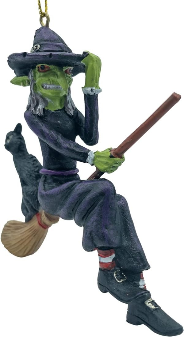 Goodsright Decor Ugly Scary Witch Flying On Broomstick with Black Cat Halloween Christmas Ornaments