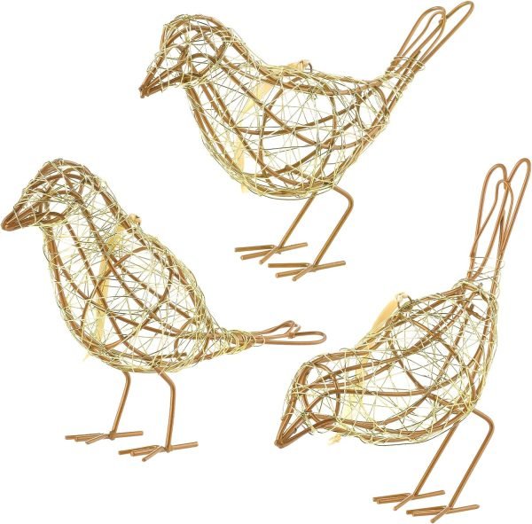 Goodsright Decor Set of 3 Handmade Bird Statue Home Decor,Metal Bird Figurine Rustic Table Decor, Hanging Metal Bird Decor Woven with Brown Natural Rattan for Home Decoration Memo Holder