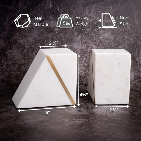 Goodsright Decor Marble Book Ends for Shelves, Decorative Bookends for Heavy Books, Unique Mid Century Modern White and Gold Bookends with Brass Inlay, Heavy Duty Bookshelf Stopper, Set of 2