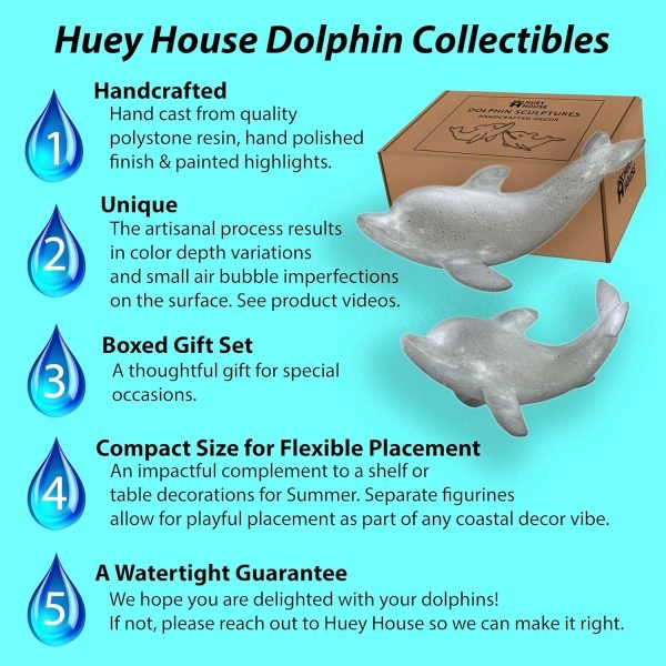 Goodsright Decor Coastal Dolphin Sculptures - Handcrafted Resin Figurine Statues for Bookshelf, Small Decorative Gray Dolphins, Boxed Set of 2 (7.5L & 6.5L inches)