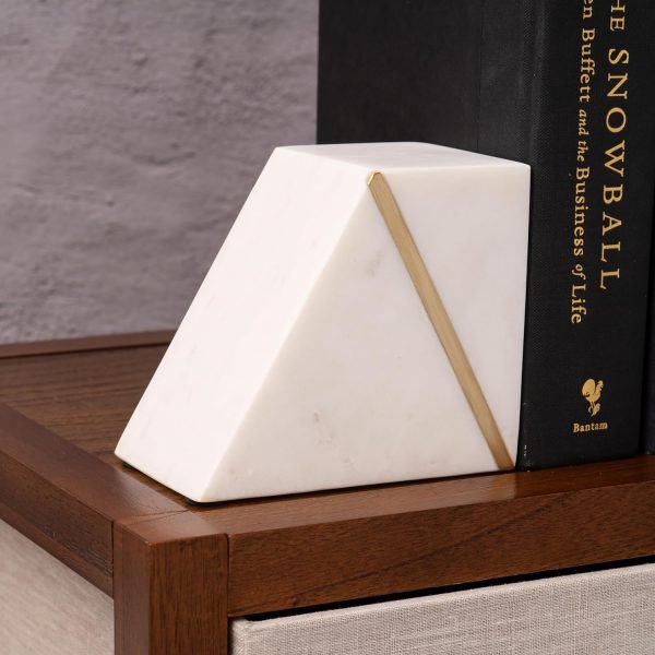 Goodsright Decor Marble Book Ends for Shelves, Decorative Bookends for Heavy Books, Unique Mid Century Modern White and Gold Bookends with Brass Inlay, Heavy Duty Bookshelf Stopper, Set of 2