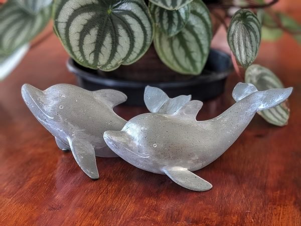 Goodsright Decor Coastal Dolphin Sculptures - Handcrafted Resin Figurine Statues for Bookshelf, Small Decorative Gray Dolphins, Boxed Set of 2 (7.5L & 6.5L inches)