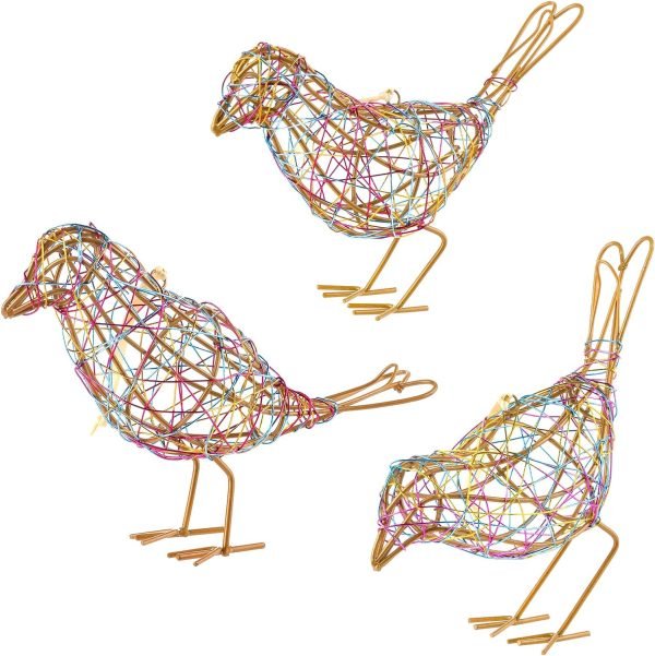 Goodsright Decor Set of 3 Handmade Bird Statue Home Decor,Metal Bird Figurine Rustic Table Decor, Hanging Metal Bird Decor Woven with Brown Natural Rattan for Home Decoration Memo Holder