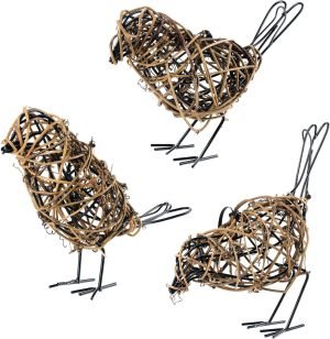 Goodsright Decor Set of 3 Handmade Bird Statue Home Decor,Metal Bird Figurine Rustic Table Decor, Hanging Metal Bird Decor Woven with Brown Natural Rattan for Home Decoration Memo Holder
