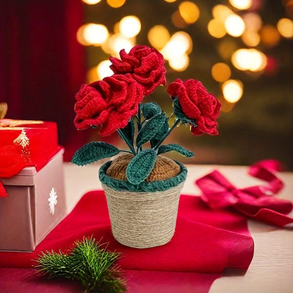 863b9ced-7051-4df7-8866-f948bba66e15 Goodsright Decor 1pc, Artificial Crochet Roses In Pot, Handmade Fabric Yarn Flowers, Decorative Tabletop Plant, Home Decor Faux Floral, 4.17inch Height - Rustic Charm