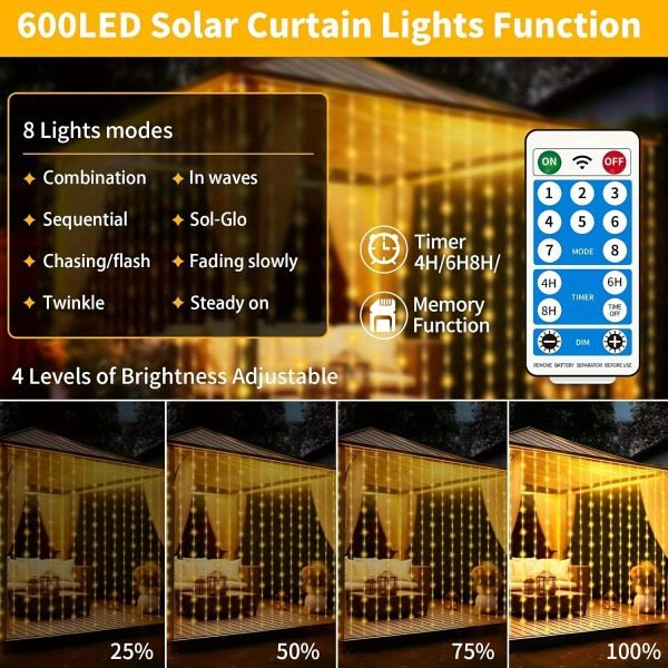 Goodsright Decor Solar Curtain Lights, 300 LED Outdoor Waterproof Solar Powered Waterfall String Lights for Patio Gazebo Backdrop Garden with USB Rechargeable Remote Hanging Twinkle Curtain Fairy Lights