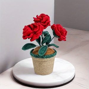 Goodsright Decor 1pc, Artificial Crochet Roses In Pot, Handmade Fabric Yarn Flowers, Decorative Tabletop Plant, Home Decor Faux Floral, 4.17inch Height - Rustic Charm