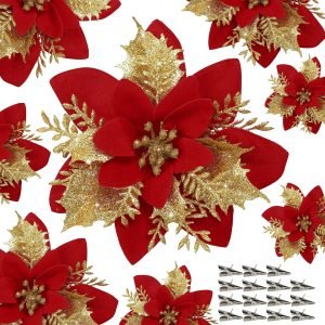 Goodsright Decor 12pcs, Magenta Artificial, Poinsettia With Clip Christmas Decorations, Glittering Poinsettia Christmas Decorations, Christmas Tree Flower Decorations, DIY Christmas Wreaths, Holiday Party Decorations