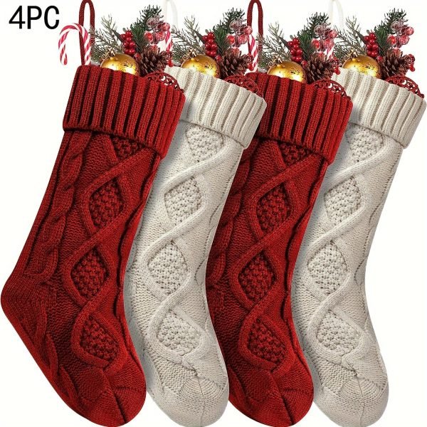 Goodsright Decor 4pcs Extra-Large Soft Knitted Christmas Stockings - Vibrant Decorations in Ivory, Burgundy, Gray, and Green - Perfect for Fireplaces, Christmas Trees, Families, Holiday Parties, and Decorations
