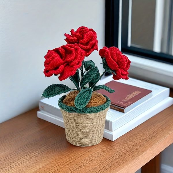 f46a975f-c2be-4746-b7a0-8f551660fc11 Goodsright Decor 1pc, Artificial Crochet Roses In Pot, Handmade Fabric Yarn Flowers, Decorative Tabletop Plant, Home Decor Faux Floral, 4.17inch Height - Rustic Charm