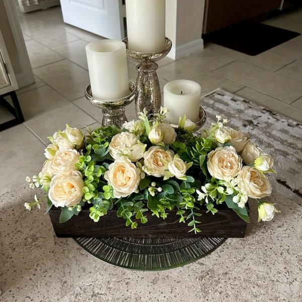 Goodsright Decor Rustic Wood Tray with Lifelike Artificial Flowers - Stylish Farmhouse Centerpiece for Dining & Living Rooms - Durable Coffee Table Decor